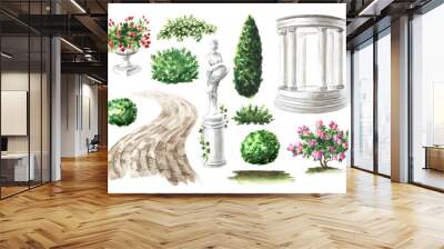 Park architecture. Garden Rotunda, decorative sculpture, walking path, shrubs and flowers. Landscape design elements, Hand drawn watercolor  illustration  isolated on white background Wall mural