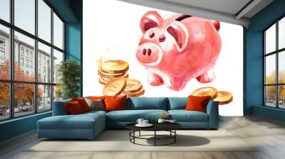 Pink cute pig money box. Piggy bank with coins. Watercolor hand drawn illustration, isolated on white background Wall mural