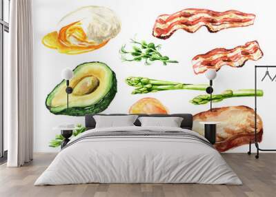 Poached egg,  toast, avocado, bacon, greenery, asparagus and slice of salmon or trout. Healthy breakfast ingredients set. Hand drawn watercolor illustration isolated on white background Wall mural