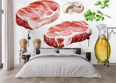 Raw fresh organic farm beef steak with vegetables and herbs set. Cooking food concepts. Hand drawn watercolor illustration isolated on white background Wall mural