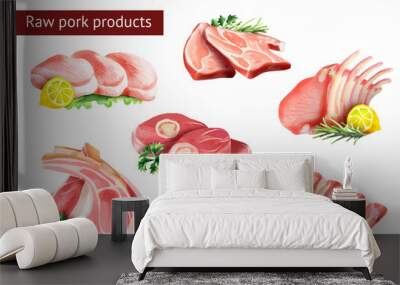 Raw pork products set. Watercolor Wall mural