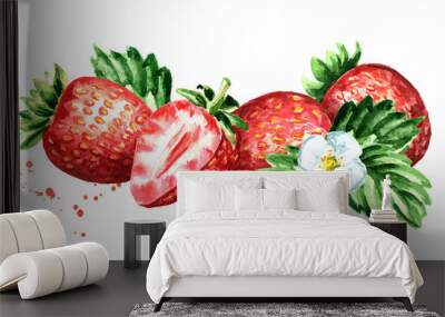 red berries strawberry horizontal composition. watercolor hand drawn illustration isolated on white  Wall mural