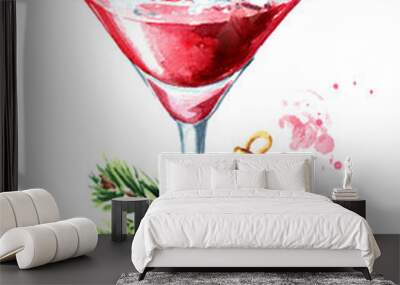 Red christmas martini with lollipop or candy cane and xmas balls with fir branch. Watercolor hand drawn illustration, isolated on white background Wall mural