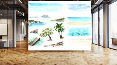 Sea cliff, Coastal rocks, tropical beach elements set. Hand drawn watercolor illustration and background Wall mural