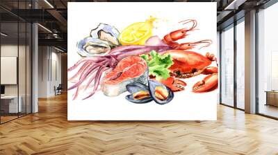 Seafood composition, Watercolor hand drawn illustration isolated on white background Wall mural