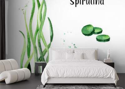 Seaweed Spirulina with powder and tablets. Superfood. Watercolor hand drawn illustration, isolated on white background Wall mural