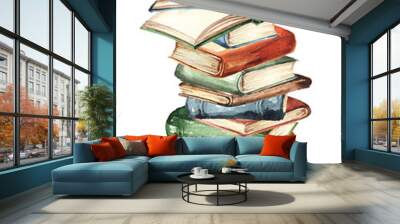 Tall stack of old books, Watercolor hand drawn illustration, isolated on white background Wall mural