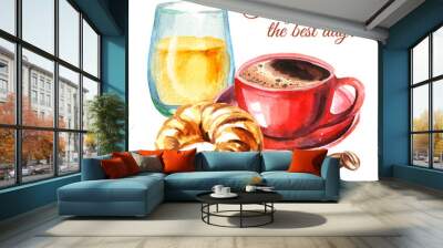 Traditional french morning breakfast. Croissant, orange juice, cup of coffee, coffee beans. Watercolor hand drawn illustration, isolated on white background Wall mural