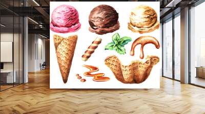 Various ice cream elements set. Watercolor hand drawn illustration, isolated on white background Wall mural