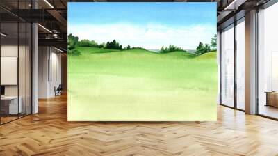 View of beautiful green field with a rich turf. Hand drawn watercolor illustration and background Wall mural