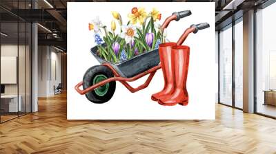 Watering can, Garden wheelbarrow with flowers and garden tools. Spring works in the garden. Hand drawn watercolor illustration isolated on white background Wall mural