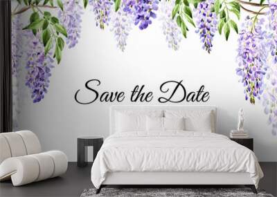 Wisteria flower, save the date invitation or greeting card.  Hand drawn watercolor,  illustration isolated on white  background Wall mural