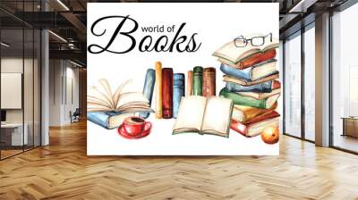 World of books card. Watercolor hand drawn illustration, isolated on white background Wall mural