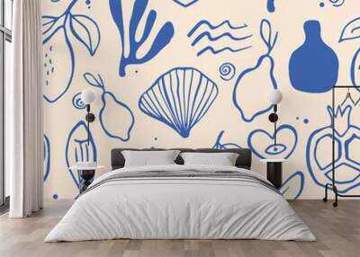 Mediterranean modern seamless patern with sketch style illustrations Wall mural