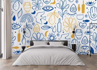 Mediterranean modern seamless patern with sketch style illustrations Wall mural