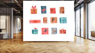 Watercolor gift boxes, hand painted isolated on a white background Wall mural