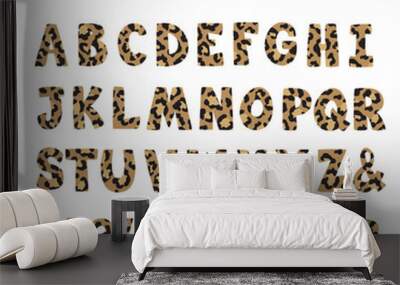 Leopard alphabet, Animal print letters, Leopard skin font. Tigroid Set English alphabet with wild leopard skin on Capital Letter ABC, Number 9- 0 and Symbol, Leopard spots font Wild animal alphabet Wall mural