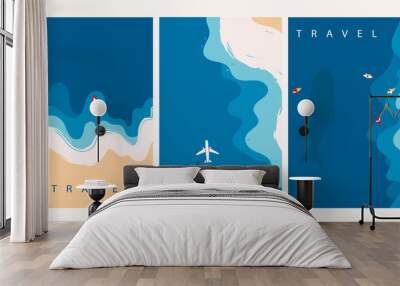 Aerial view of ocean waves reaching the coastline. Beach, sand, sea shore with blue waves. Top view overhead seaside. Hand drawn Vector illustrations. Set of three isolated cards. Travel concept Wall mural