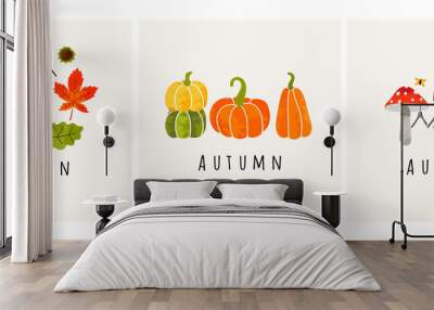 Autumn mood. Set of three colored trendy vector illustrations. Hand drawn various mushrooms, pumpkins and leaves. Flat design. Stamp texture. Greeting cards. Every illustration is isolated Wall mural