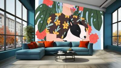 Beautiful stylish blonde woman with bull terrier puppy. Flowers on background. Hand drawn colorful illustration Wall mural