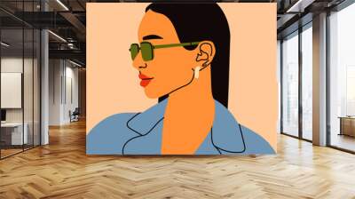 Beautiful Woman in sunglasses. Side view. Trendy clothes. Closeup portrait of cute young lady. Hand drawn modern Vector illustration. Fashion, style concept. Logo, poster, avatar, print template Wall mural