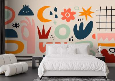 Big set of colored Hand drawn various Shapes and doodle objects, curves, dots. Abstract contemporary modern trendy Vector illustrations. All elements are isolated. Pastel colors Wall mural