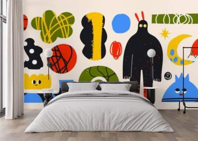 Big Set of hand drawn various colorful Shapes, doodle objects and creatures. Different textures. Abstract contemporary modern trendy Vector illustrations. All elements are isolated Wall mural