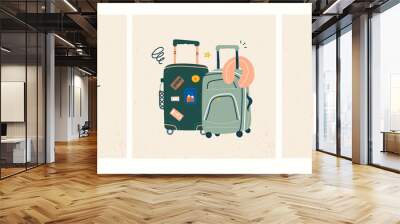 Bon voyage! Luggage bags, suitcases, baggage, travel bags. Vacation, holiday. Set of three hand drawn vector trendy illustrations. Cartoon style. Flat design. Greeting cards Wall mural