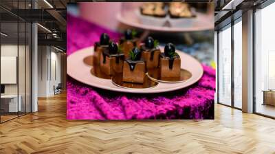 Candy bar. Table with sweets, candies, dessert. Chocolate mousse. Wall mural