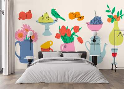 Classical still life picture elements. Flowers in vase, fruits on plate, jug with drink, cups. Hand drawn colorful Vector illustration. Isolated design elements. Poster, icon, logo, print templates Wall mural