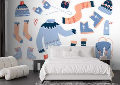 Cozy winter clothes and other stuff. Colored vector set. All elements are isolated Wall mural