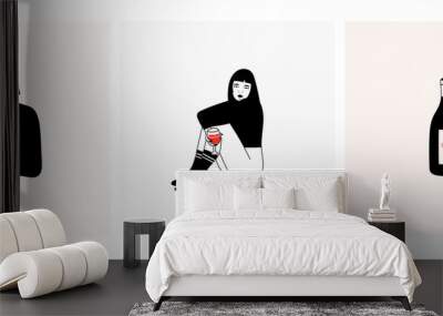 Cute ladies with red wine glasses. Wine bottle. Wine lovers concept. Poster ideas, shirt print design or menu decoration. Set of three Hand drawn trendy Vector isolated illustrations. Wall mural