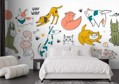 Different pets in various poses. Hand drawn big vector set of various dogs and cats. Colored trendy illustration. Flat design. All elements are isolated Wall mural