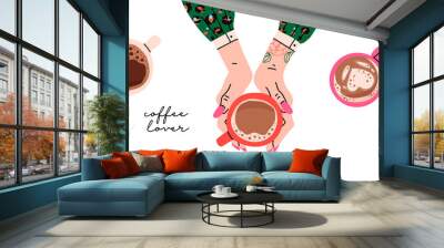 female hands holding cups with coffee. top view. hand drawn colored trendy vector illustration. cart Wall mural