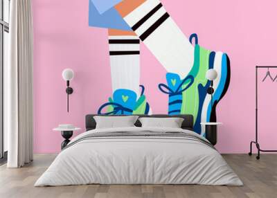 Female or male legs in the sneakers and short pants. Cool bright sport footwear. Ugly stylish platform shoes. High white socks. Hand drawn vector colored trendy fashion illustration. Flat design Wall mural