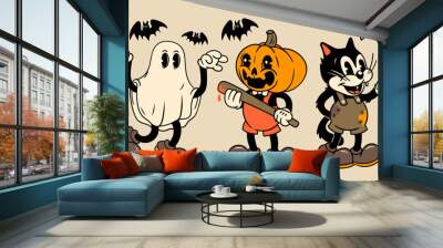 Ghost, Pumpkin head with baseball bat, Cat with knife. Halloween concept. Hand drawn modern Vector illustration. Isolated design elements. Cute creepy, scary, funny characters. Cartoon retro style Wall mural