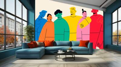 group of abstract diverse people. friends or coworkers are standing, hugging, posing together. carto Wall mural