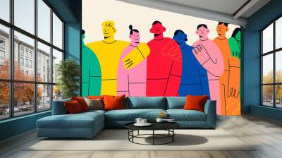 group of abstract diverse people. friends or coworkers are standing, hugging, posing together. carto Wall mural