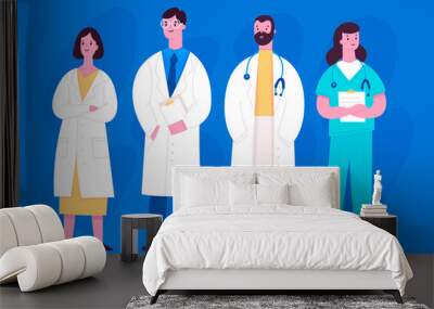 Group of hospital medical staff standing together. Various male and female medicine workers. Doctor, surgeon, physician, paramedic, nurse. Colored vector characters. Cartoon style. Flat design  Wall mural