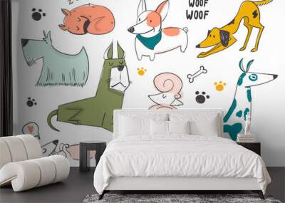 Hand drawn cartoon style dogs. Colored vector set Wall mural