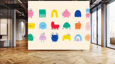 hand drawn cute tiny little doodle monsters. cheerful face emotions. colorful big vector set. trendy Wall mural