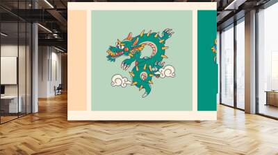 Hand drawn isolated abstract Dragons. Japanese or Chinese oriental style. Trendy colored Vector illustration. T-shirt print, logo, poster, card, design templates, tattoo idea. Symbol of 2024 new year Wall mural