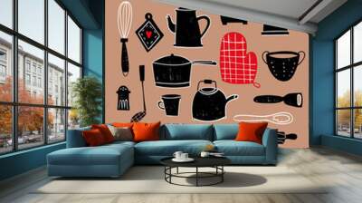 Hand drawn kitchen utensils. Colored graphic vector set. Brown background Wall mural