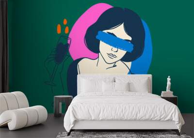 Hand drawn portrait of beautiful lady with champagne glass. Pretty young woman. Stylish fashion model. Fancy look. Brush stroke on the eyes. Trendy Vector illustration. Cool design. Print idea Wall mural