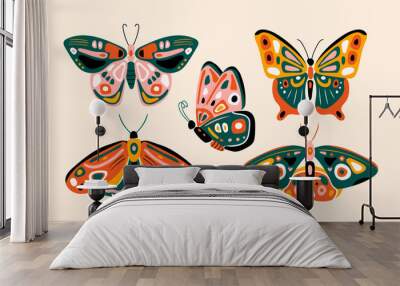 Hand drawn various beautiful Butterflies. Colorful Vector set. Top view. Side view. Pastel colors. Trendy illustration. All elements are isolated  Wall mural