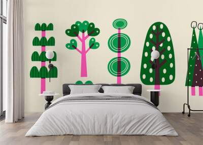 Hand drawn various green and purple Trees. Abstract different shapes. Trendy Vector illustration. Cartoon style. Various textures. All elements are isolated  Wall mural