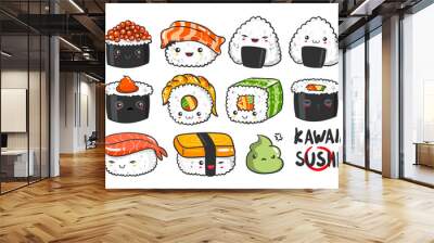 Hand drawn various kawaii sushi. Colored vector set. All elements are isolated Wall mural