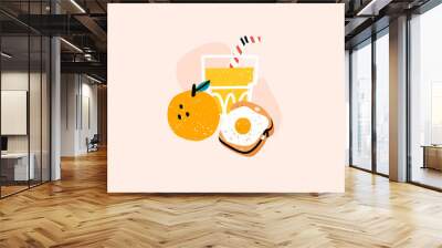 Healthy breakfast. Orange juice, fruit and toast with egg. Hand drawn Icon. Colorful trendy Vector illustration. Cartoon style. Flat design. Isolated on pink background. Stamp texture  Wall mural