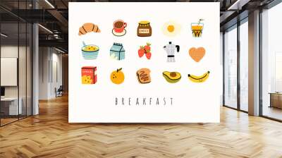 Healthy breakfast. Various tasty food and drinks. Cute hand drawn icons and logos. Trendy vector illustrations. Cartoon style. Flat design. All elements are isolated Wall mural