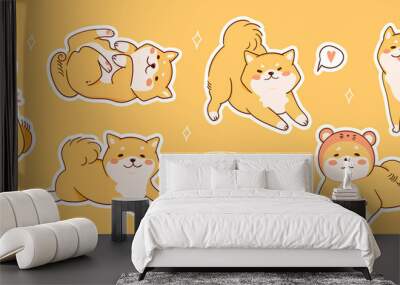 Kawaii Shiba Inu dogs in various poses. Hand drawn sticker vector set. All elements are isolated Wall mural